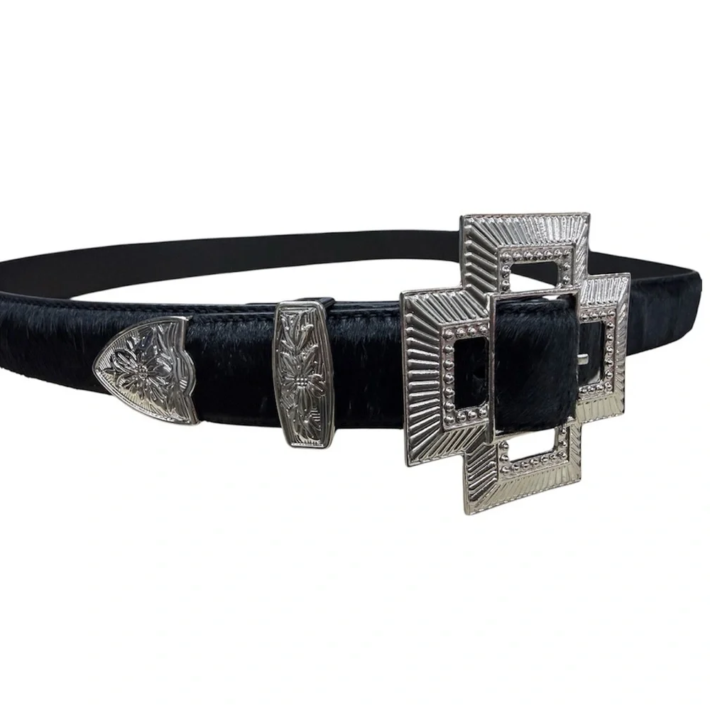 Western Black Calf Hair Leather Belt Silver Statement Buckle Southwestern